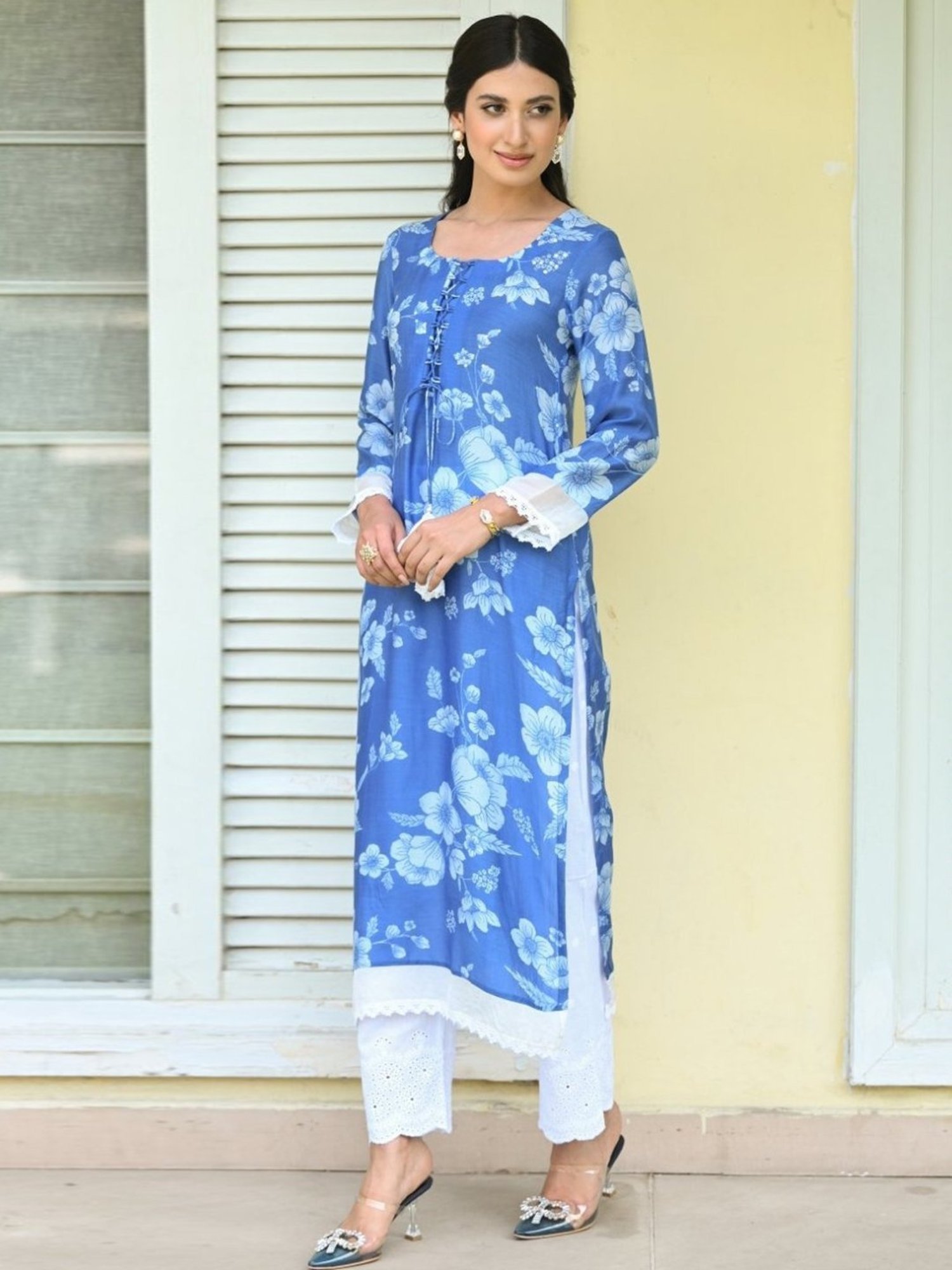 Mahee Jaipur Blue Bloom Muslin Kurti with Pant