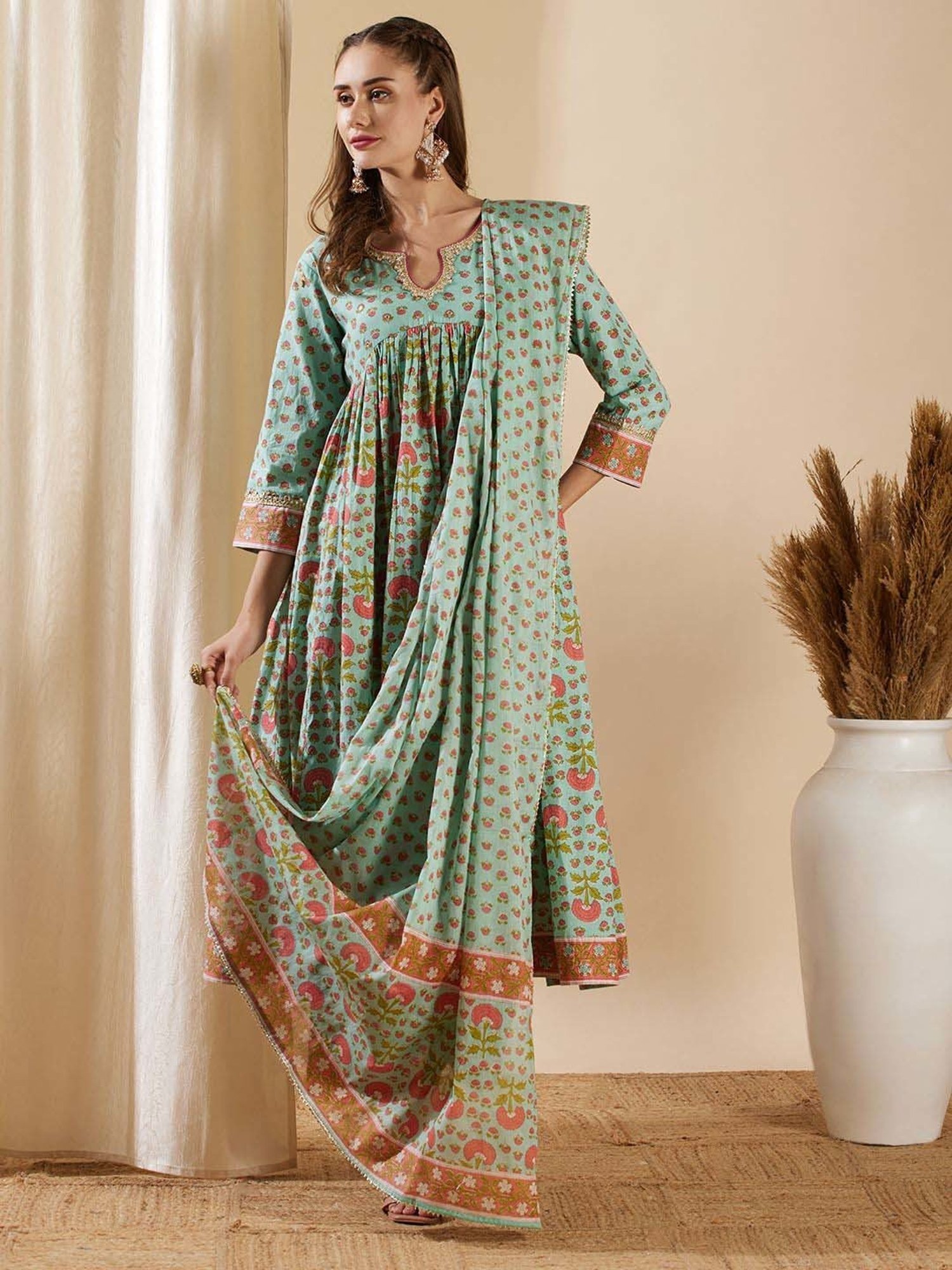 Fashor Mint Green Cotton Printed Kurta & Palazzo Set With Dupatta