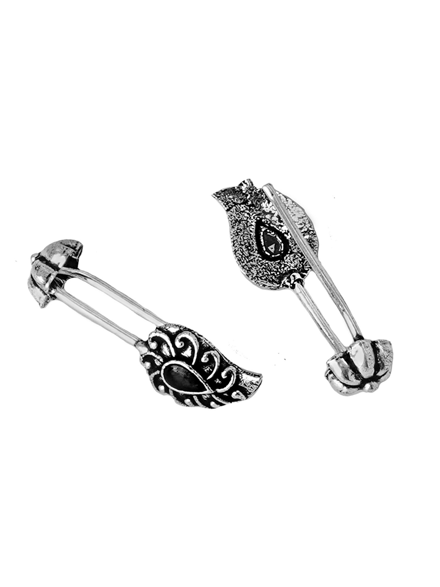 Teejh Ethnic Mitali Black Stone Silver Oxidsed Ear Cuff Earrings