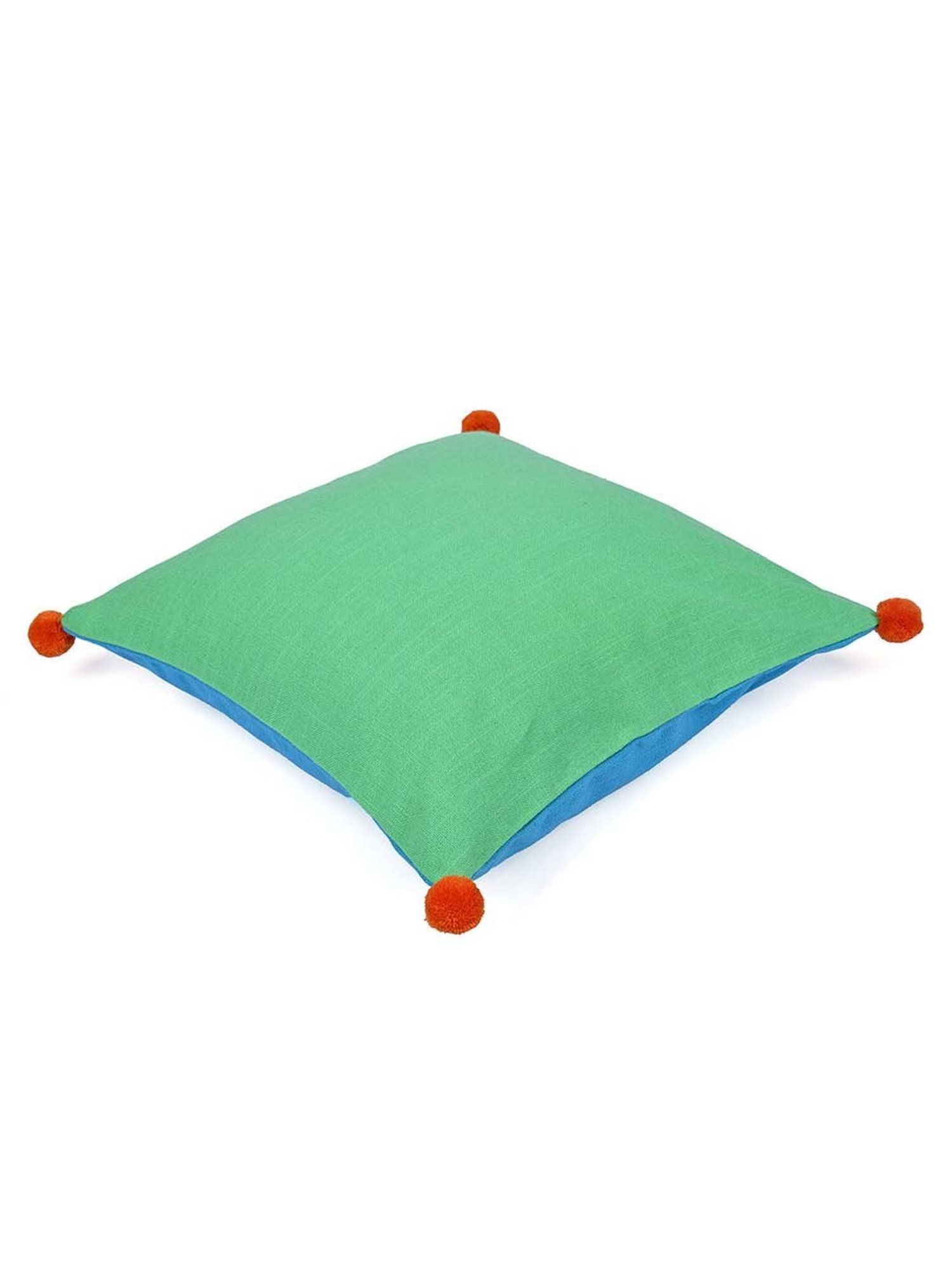 @home Blue & Green Cotton Two Sided Pom Pom Cushion Cover With Zipper