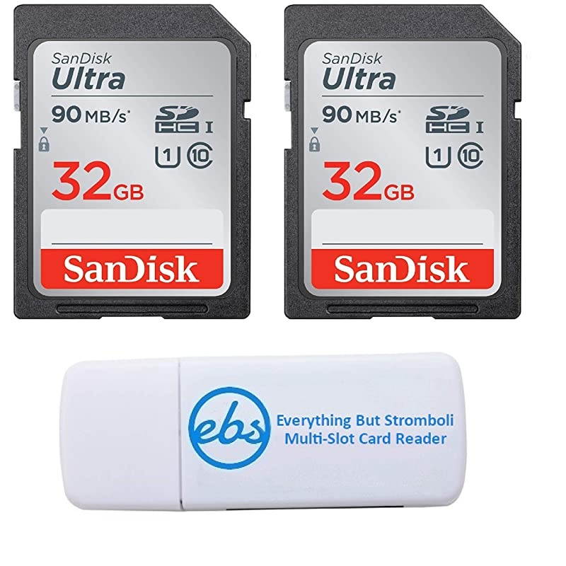 32GB SDHC SD Ultra Memory Card Two Pack Works with Canon EOS Rebel T7 Rebel T6 77D Digital Camera Class 10 SDSDUNR032GGN6IN Bundle with 1 Everything But Stromboli Combo Card Reader