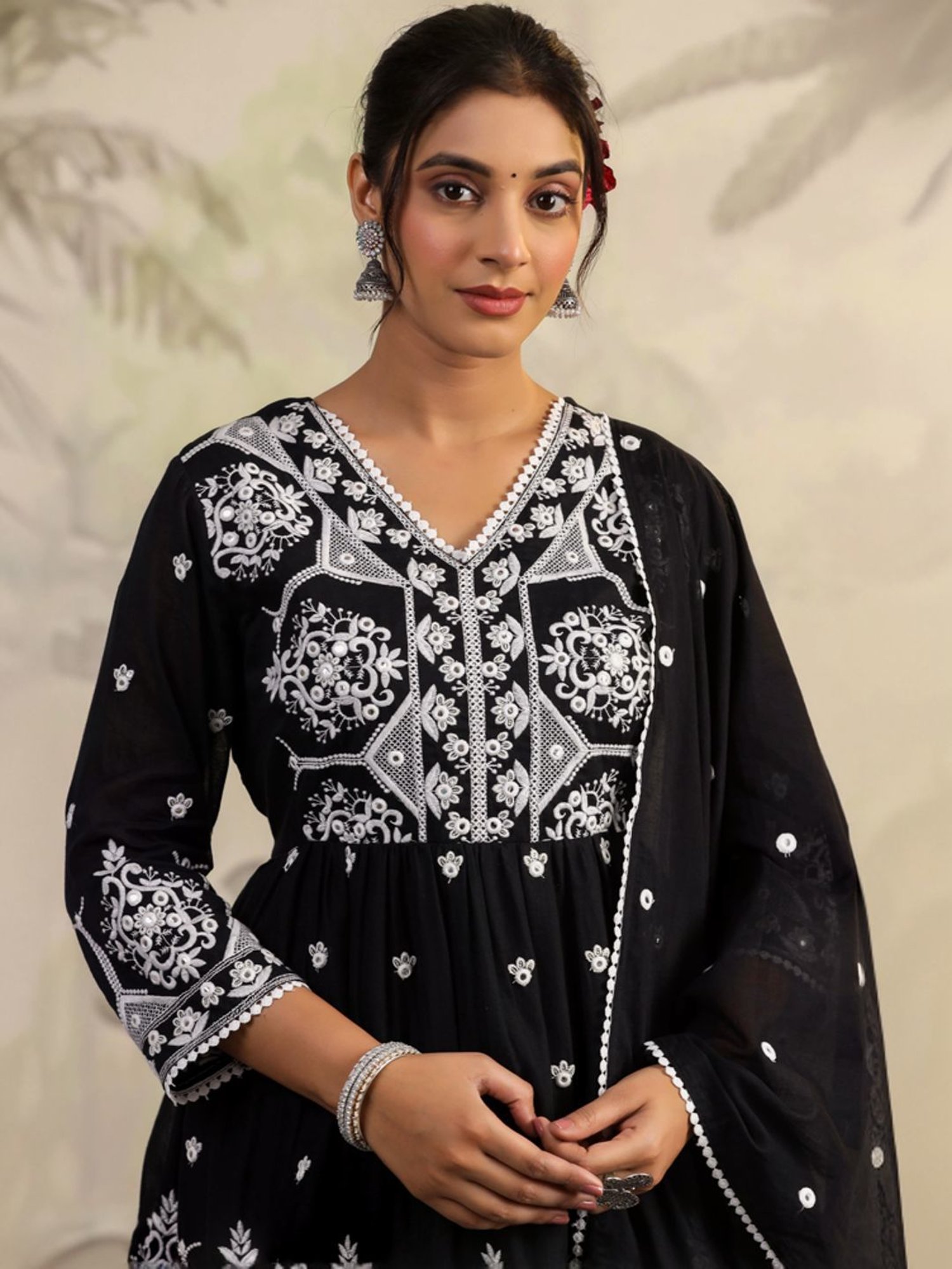 SCAKHI Intense Black Cotton Embroidered Kurti Sharara Set With Dupatta