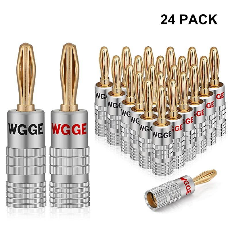 WG-009 Banana Plugs Audio Jack Connector 12 Pairs / 24 pcs, 24k Gold Dual Screw Lock Speaker Connector for Speaker Wire, Wall Plate, Home Theater, Audio/Video Receiver and Sound Systems