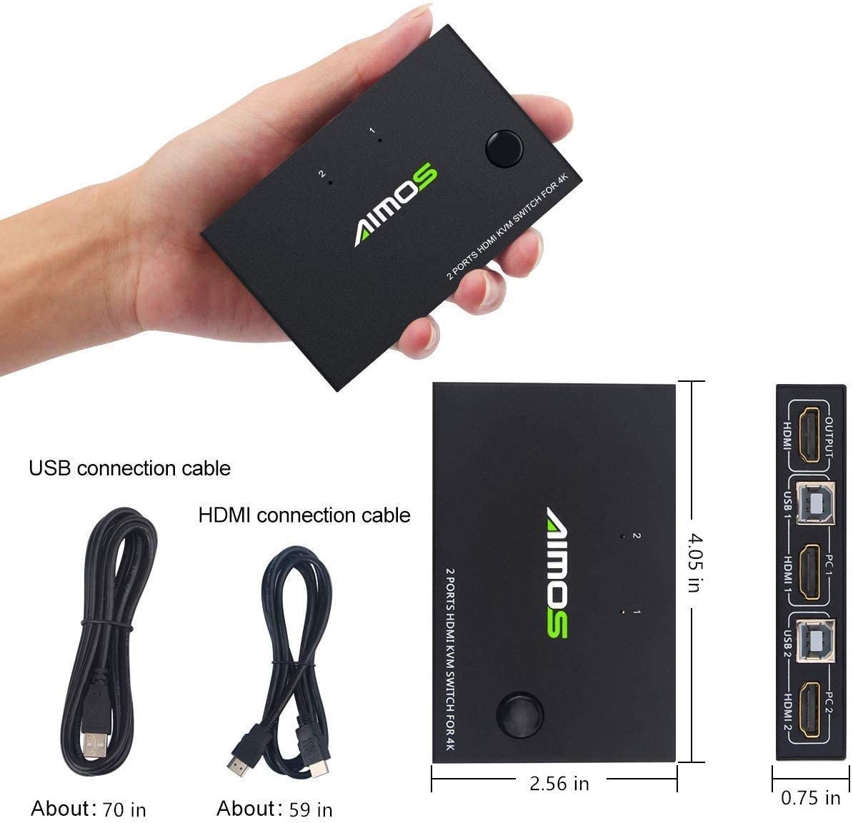 KVM Switch HDMI 2 Port Box, Share 2 Computers with one Keyboard Mouse and one HD Monitor, Support Wireless Keyboard and Mouse Connections, UHD 4K (3840x2160) Supported
