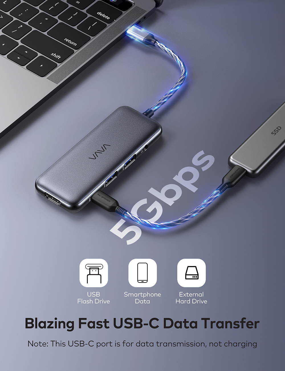 VAVA USB-C Hub, 8-in-1 USB-C Adaptor, with 4K 60Hz HDMI, USB-C and 2 USB-A 5Gbps Data Ports, 100W Power Delivery, SD/TF Card Slots, Headphone Jack for MacBook Pro/ iPad Pro/ Type-C Laptops/ Windows/ m