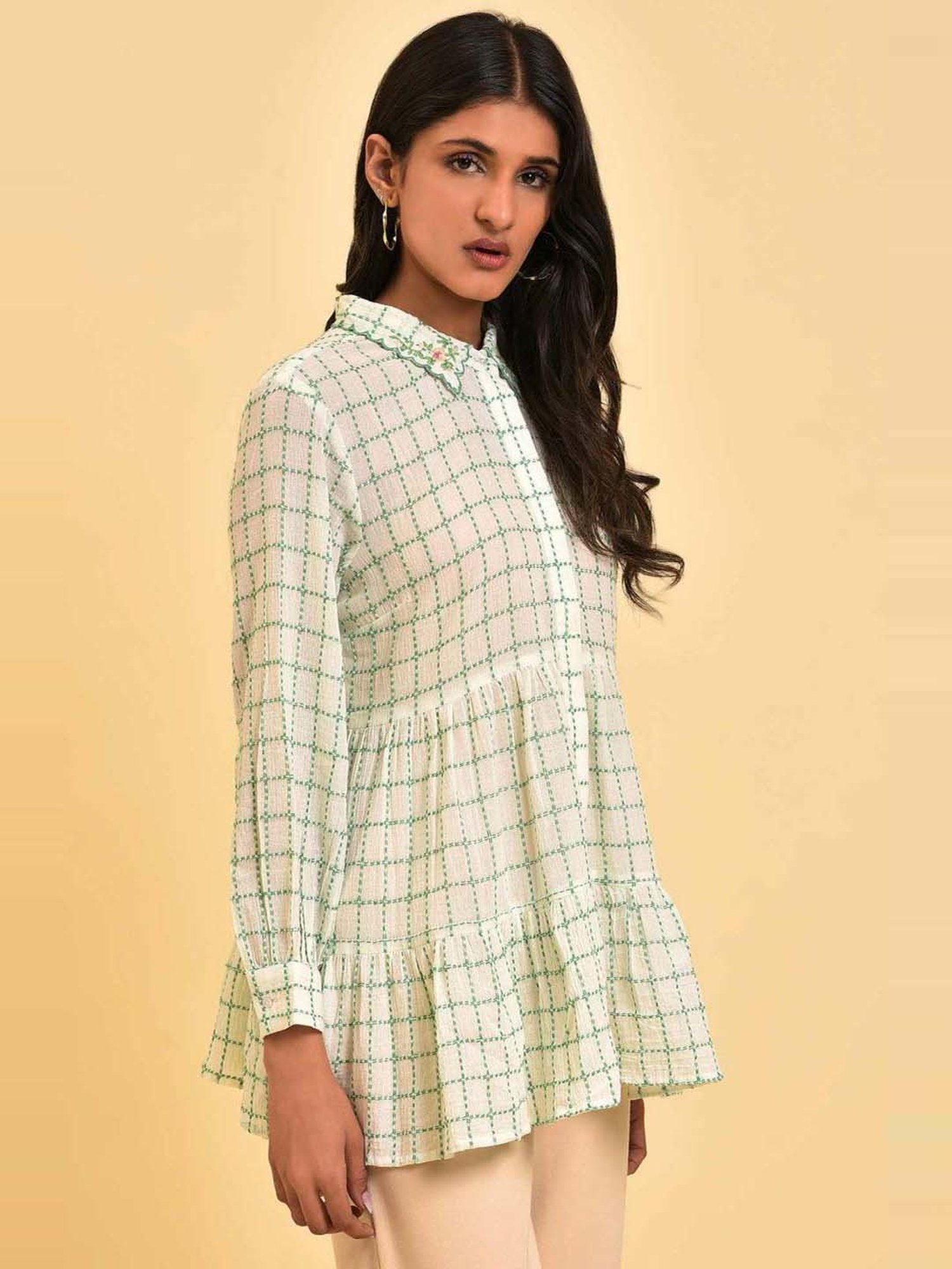 W Green Cotton Chequered Top