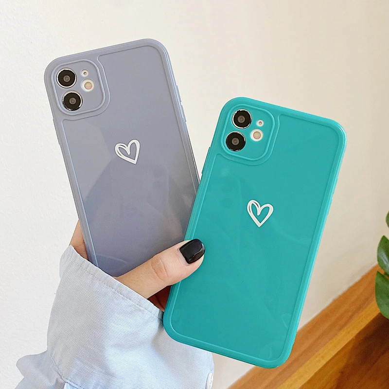 Love Heart Phone Case For iPhone 11 12 Pro Max 7 8 Plus X XR XS Max Candy Color Square Frame Back Cover For iPhone 7 8 Plus