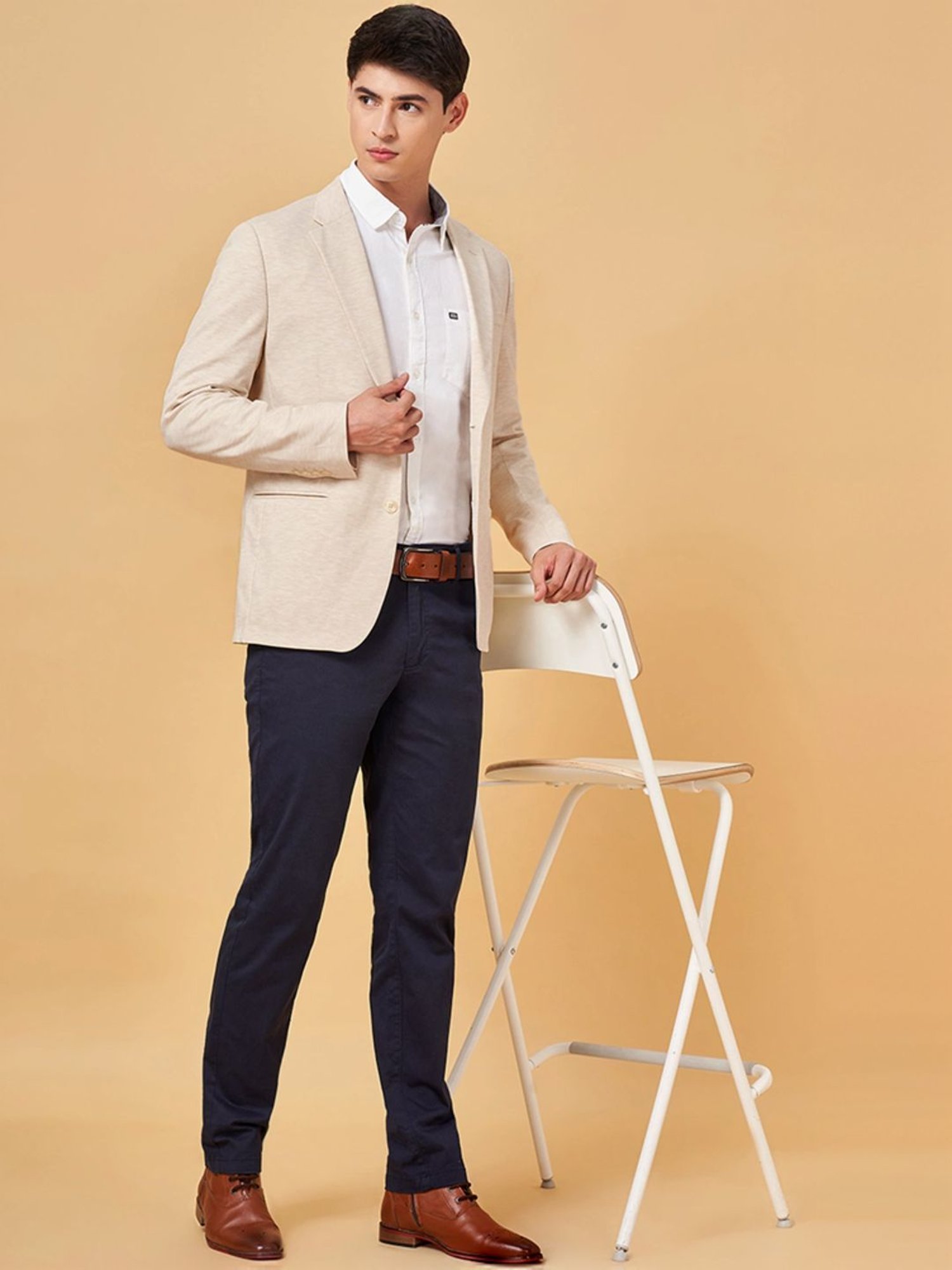 Byford By Pantaloons Cream Pearl Slim Fit Blazer