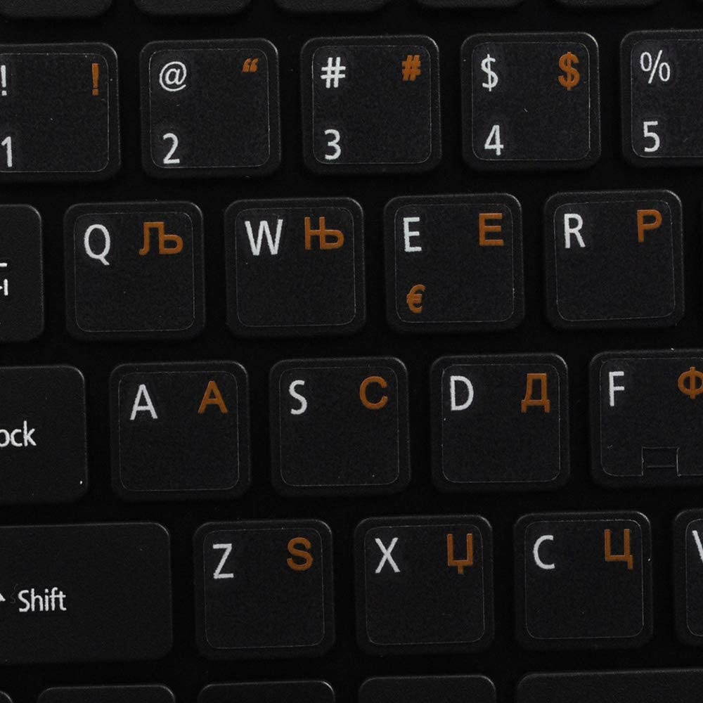 Serbian Keyboard Labels Layout ON Transparent Background with Blue, Orange, RED, White OR Yellow Lettering (14X14) (Orange)