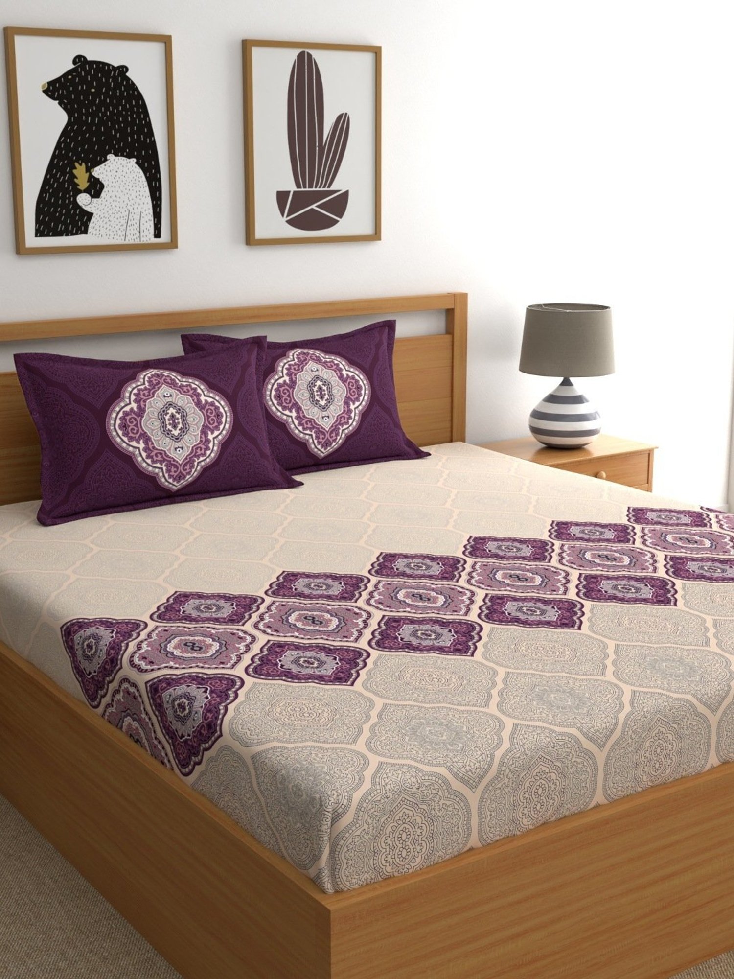Dreamscape Ethnic Purple 140 TC Cotton King Fitted Bed Sheet with 2 Pillow Covers