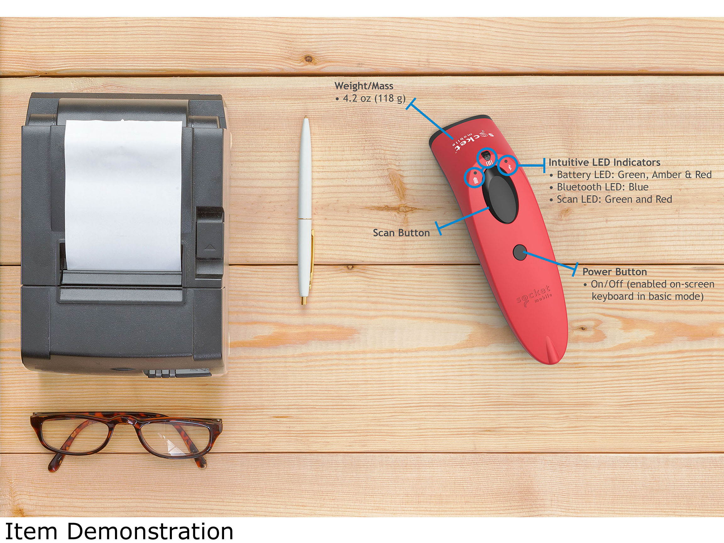Socket Mobile SocketScan S730 1D Laser Barcode Scanner, Bluetooth, with Charging Dock, Red - CX3456-1924