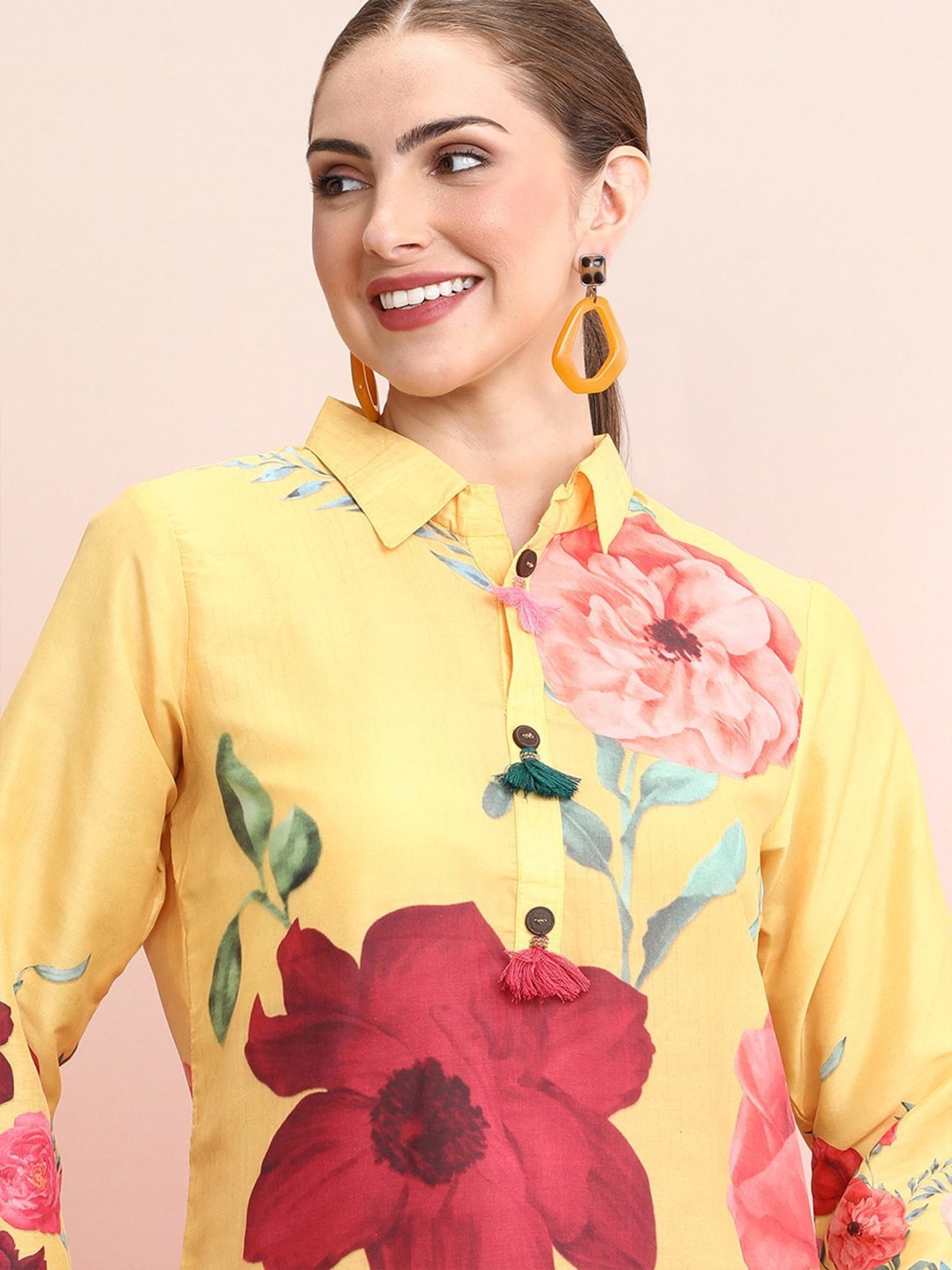 Indo Era Yellow Floral Print Tunic Pant Set