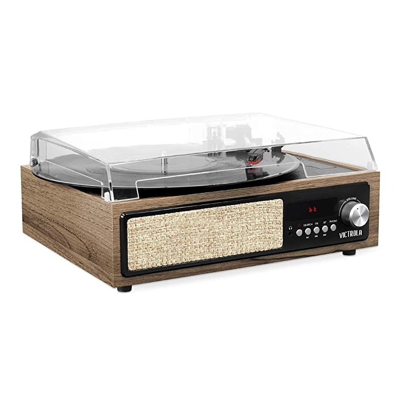 3in1 Bluetooth Record Player with Built in Speakers and 3Speed Turntable Farmhouse Walnut