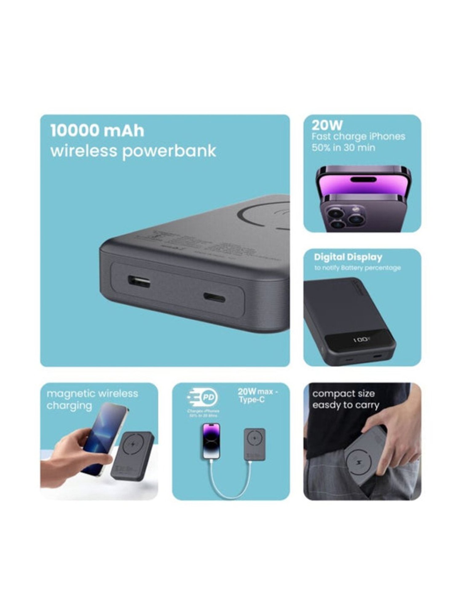Stuffcool Click Plus 10000mAh Magnetic Wireless Powerbank (Grey)