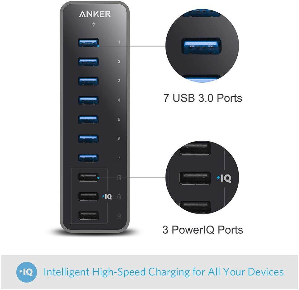 USB HUB, 10 Port 60W Data Hub with 7 USB 3.0 Ports and 3 PowerIQ Charging Ports for MacBook, Mac Pro/Mini, iMac, XPS, Surface Pro, iPhone 7, 6s Plus, iPad Air 2, Galaxy Series, Mobile HDD, and More