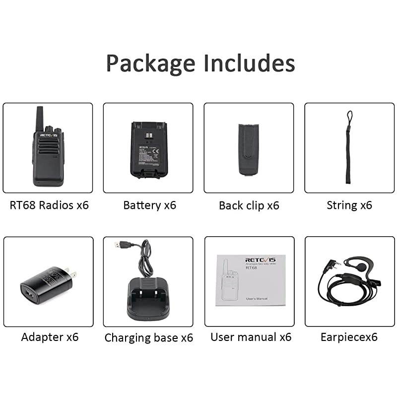 RT68 Walkie Talkies Adults Long RangeFRS Handsfree Small Rugged Rechargeable Two Way Radio2 Way Radios with Earpieces Business6 Pack