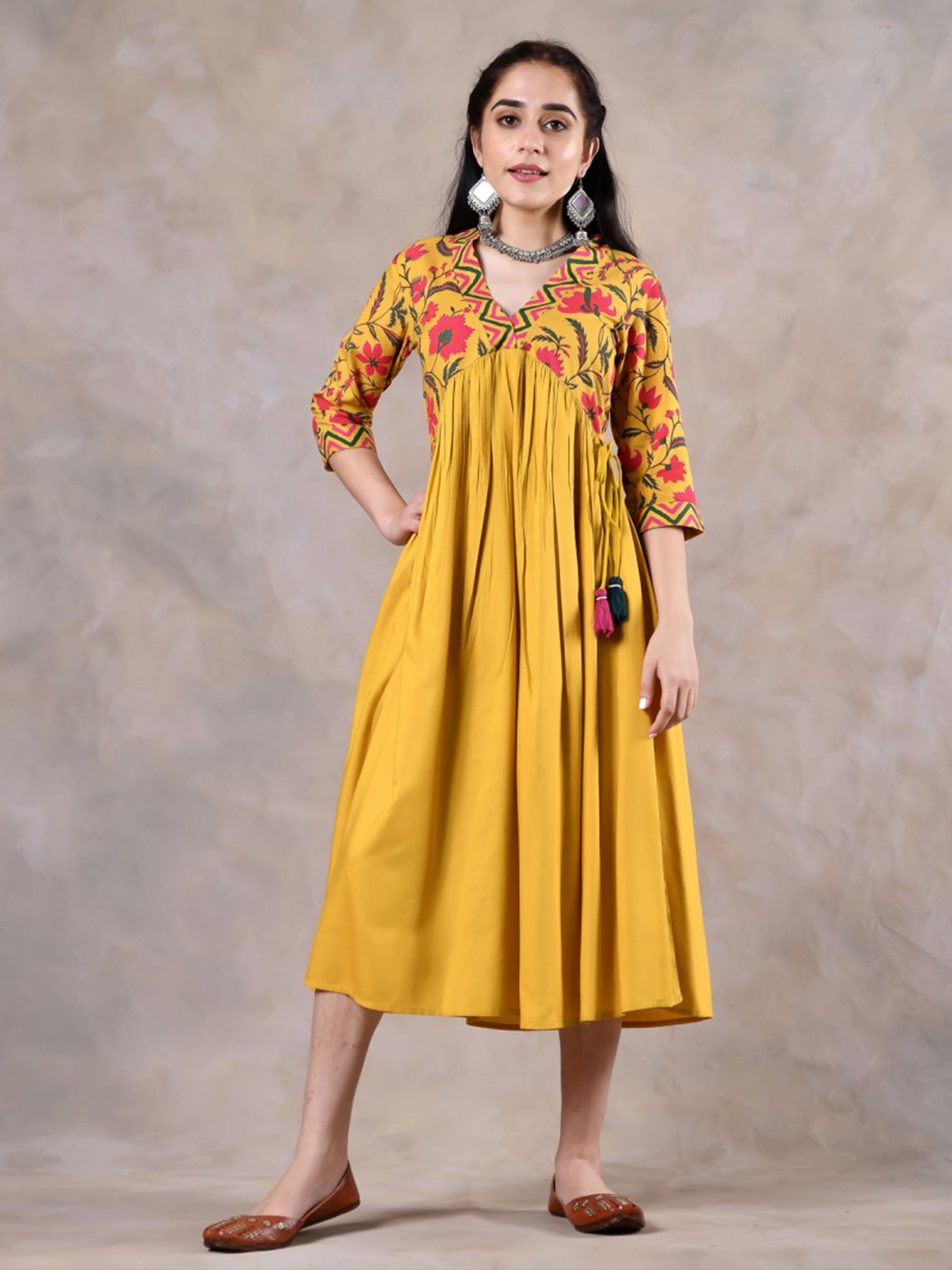 Rustorange Yellow Printed A-Line Dress