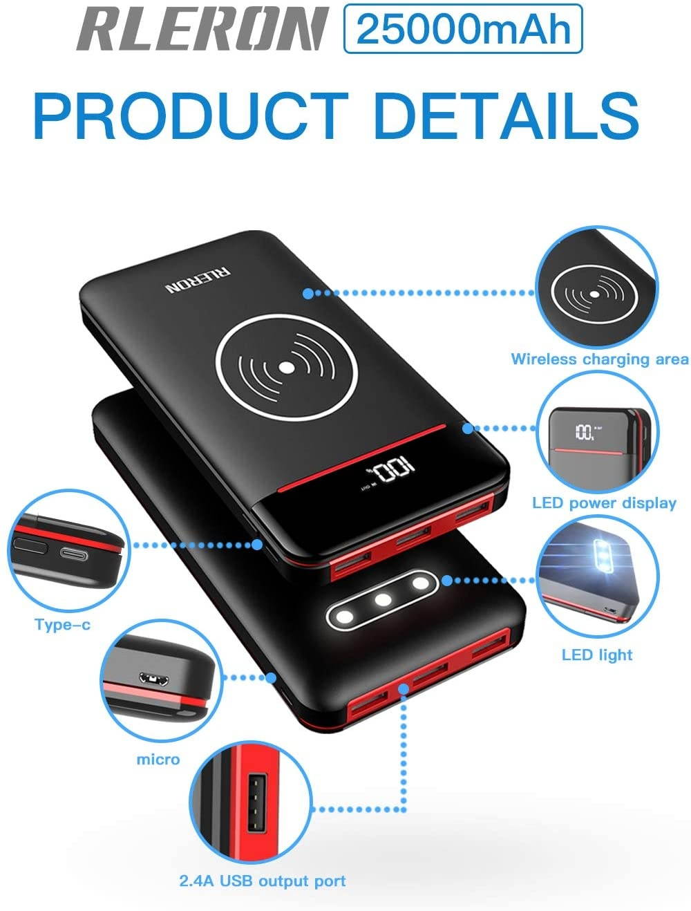 Wireless Portable Charger 25000mAh Power Bank with 3 Outputs& 2 Inputs Huge Capacity Backup Battery with LCD Display Compatible with Smart PhonesAndroid PhoneTablet and More