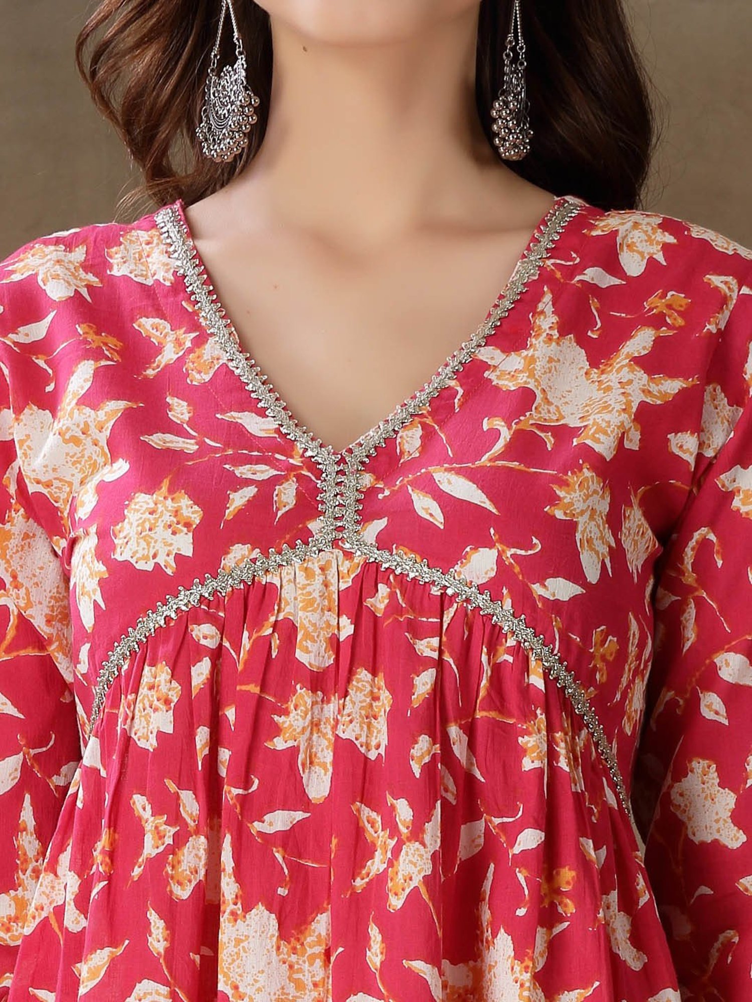 Stylum Pink Cotton Floral Print Kurta With Palazzo & Dupatta