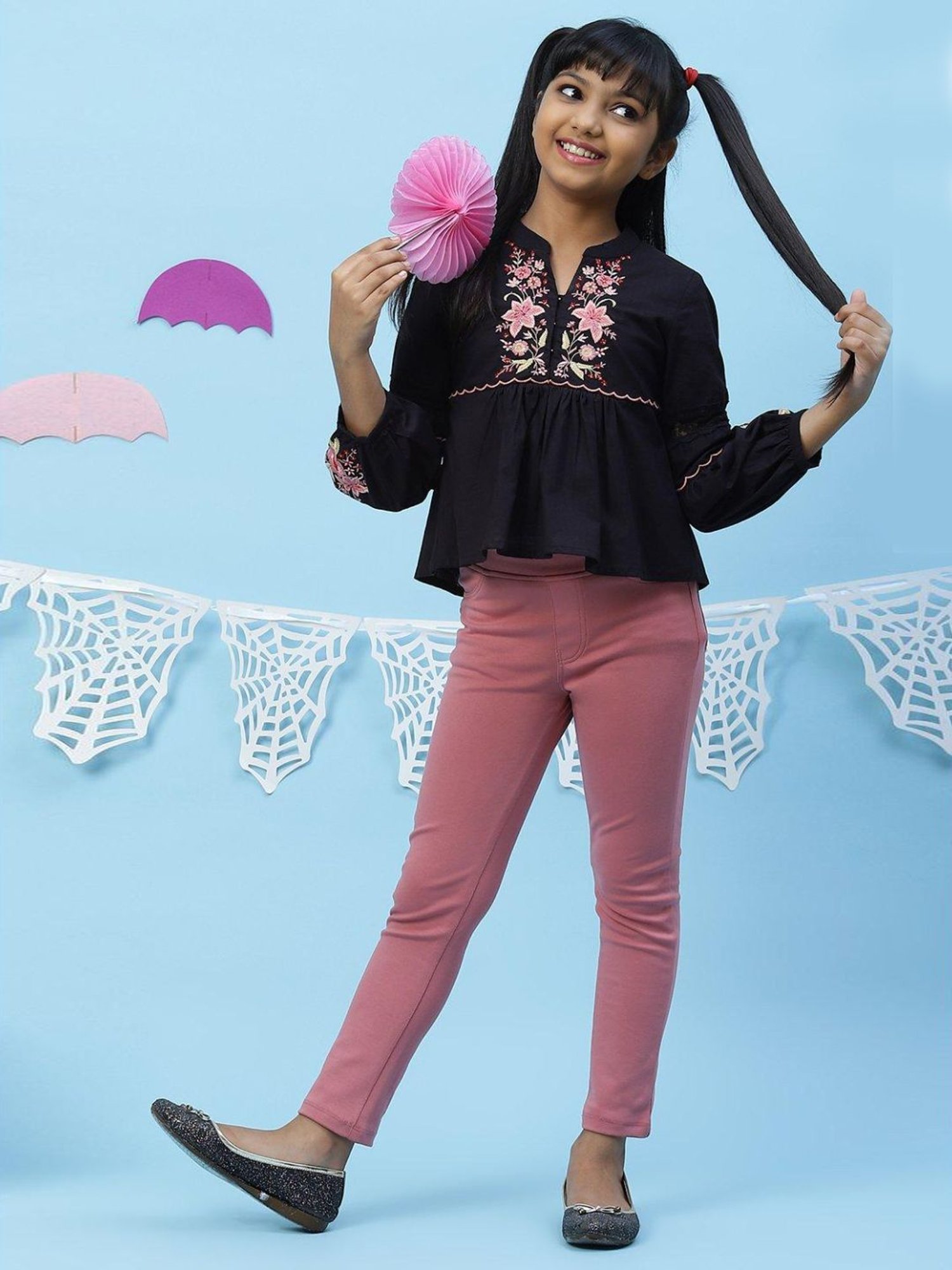 BIBA Girls Black Embroidered Top