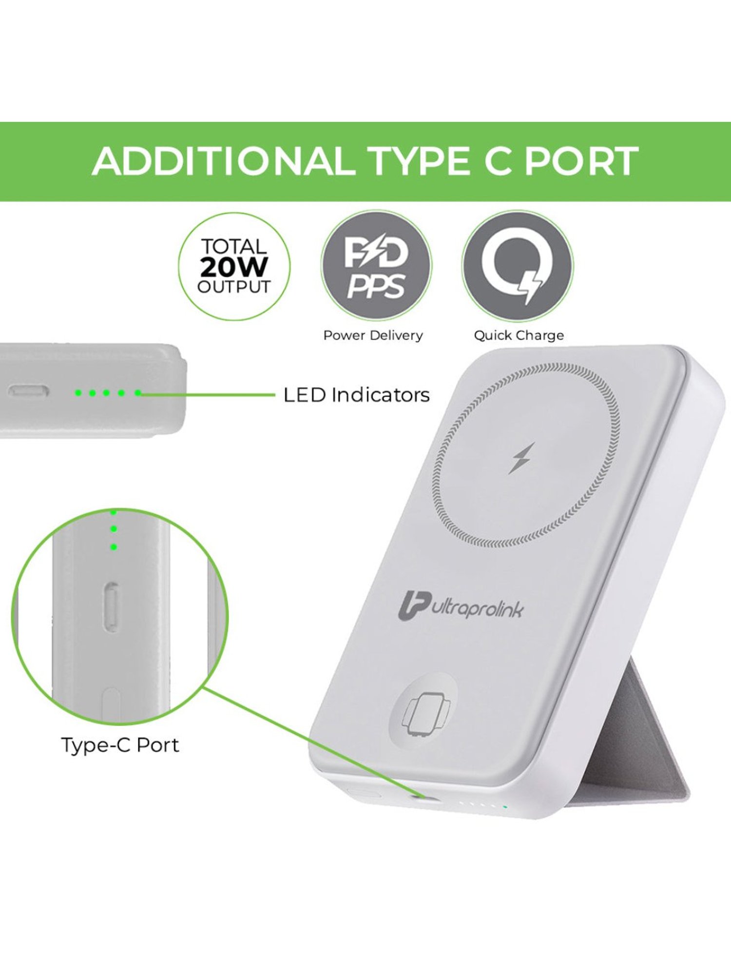 ULTRAPROLINK UM1113BLU 10,000mAh 2 in 1 Wireless Magnetic Power Bank with LED Display (White)