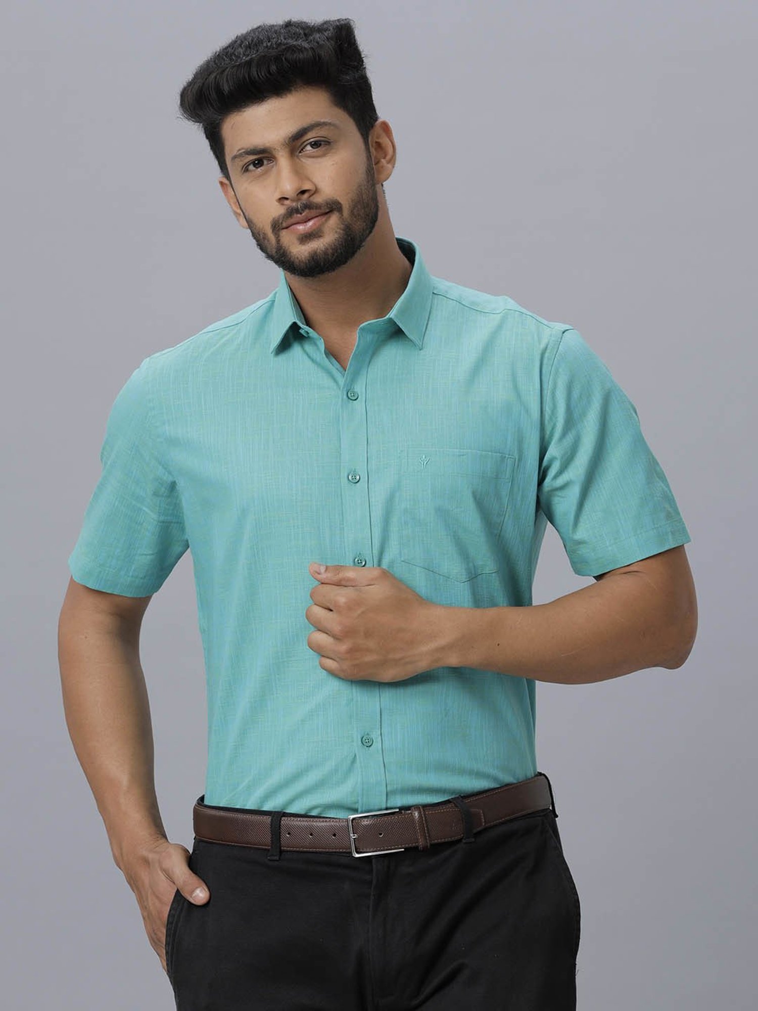 Ramraj Sea Green Cotton Regular Fit Shirt