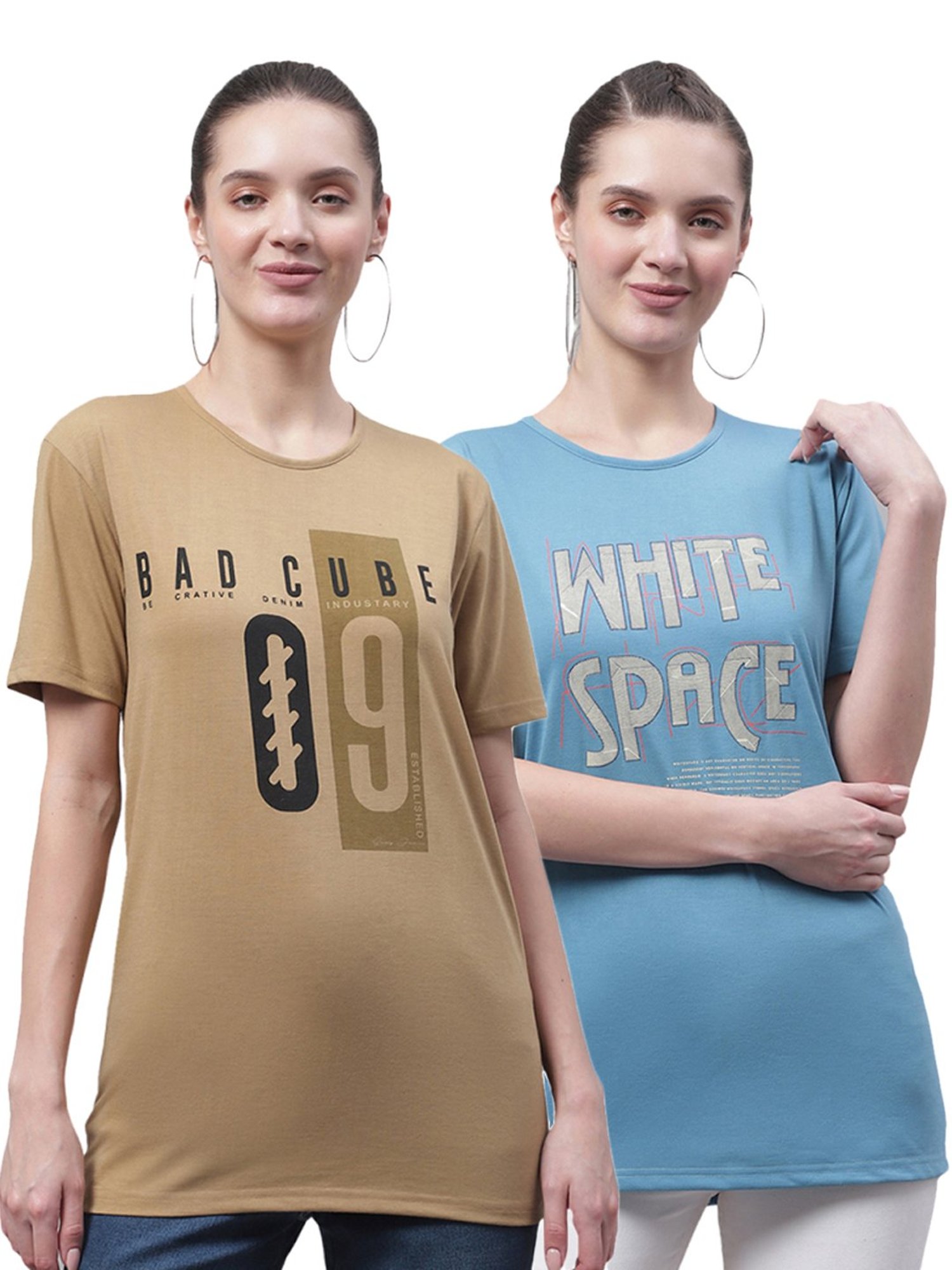 Vimal Jonney Beige & Blue Cotton Printed T-Shirt - Pack Of 2