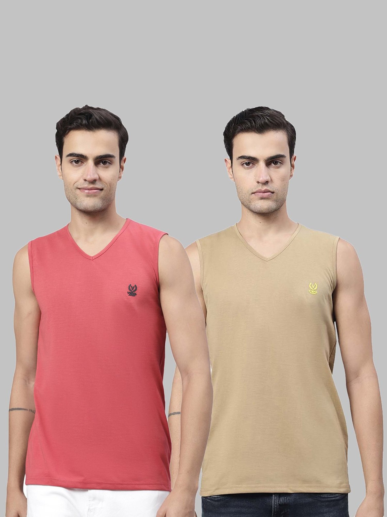Vimal Jonney Pink & Light Khaki Sleeveless Lounge T-Shirt - Pack of 2