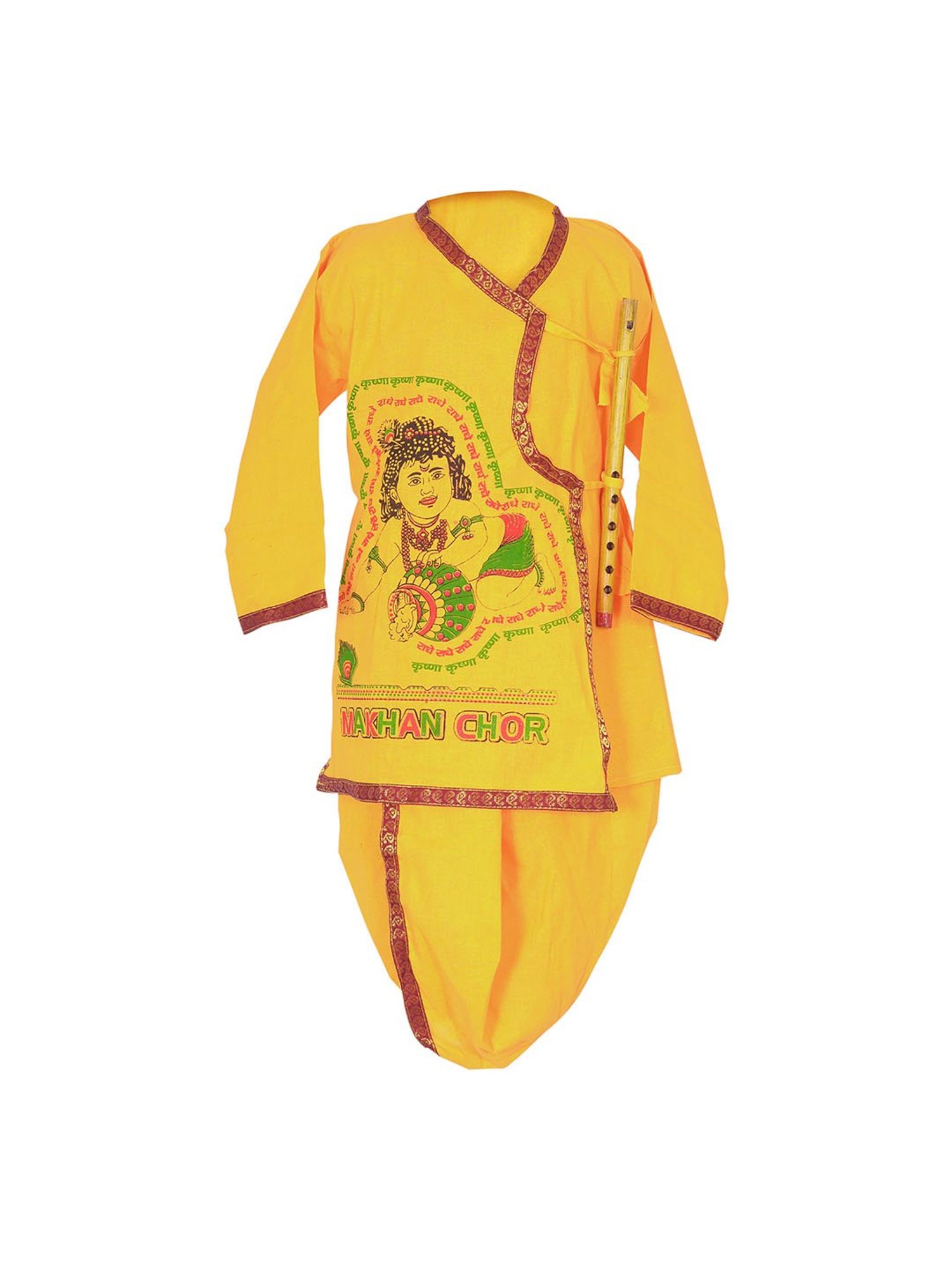 Ahhaaaa Kids Yellow Embroidered Kurta, Dhoti with Flute