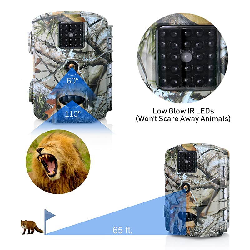 Trail Game Camera 16MP 1080P HD IP65 with Night Vision Motion Activated 110 20m Detection Range Hunting Scouting Cam Trigger Time 06s Wildlife Monitoring with 24 LCD IR LEDs for Outdoor