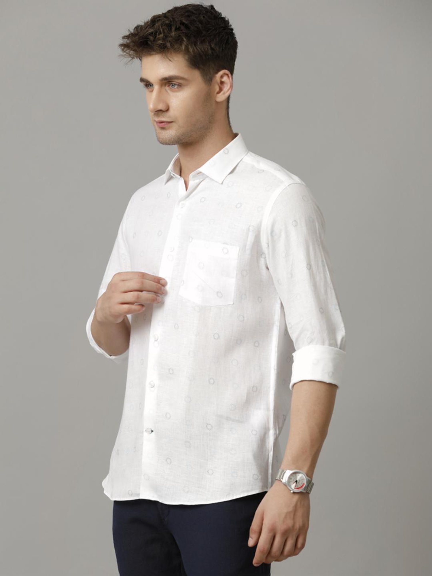 Linen Club White Linen Contemporary Fit Printed Shirt
