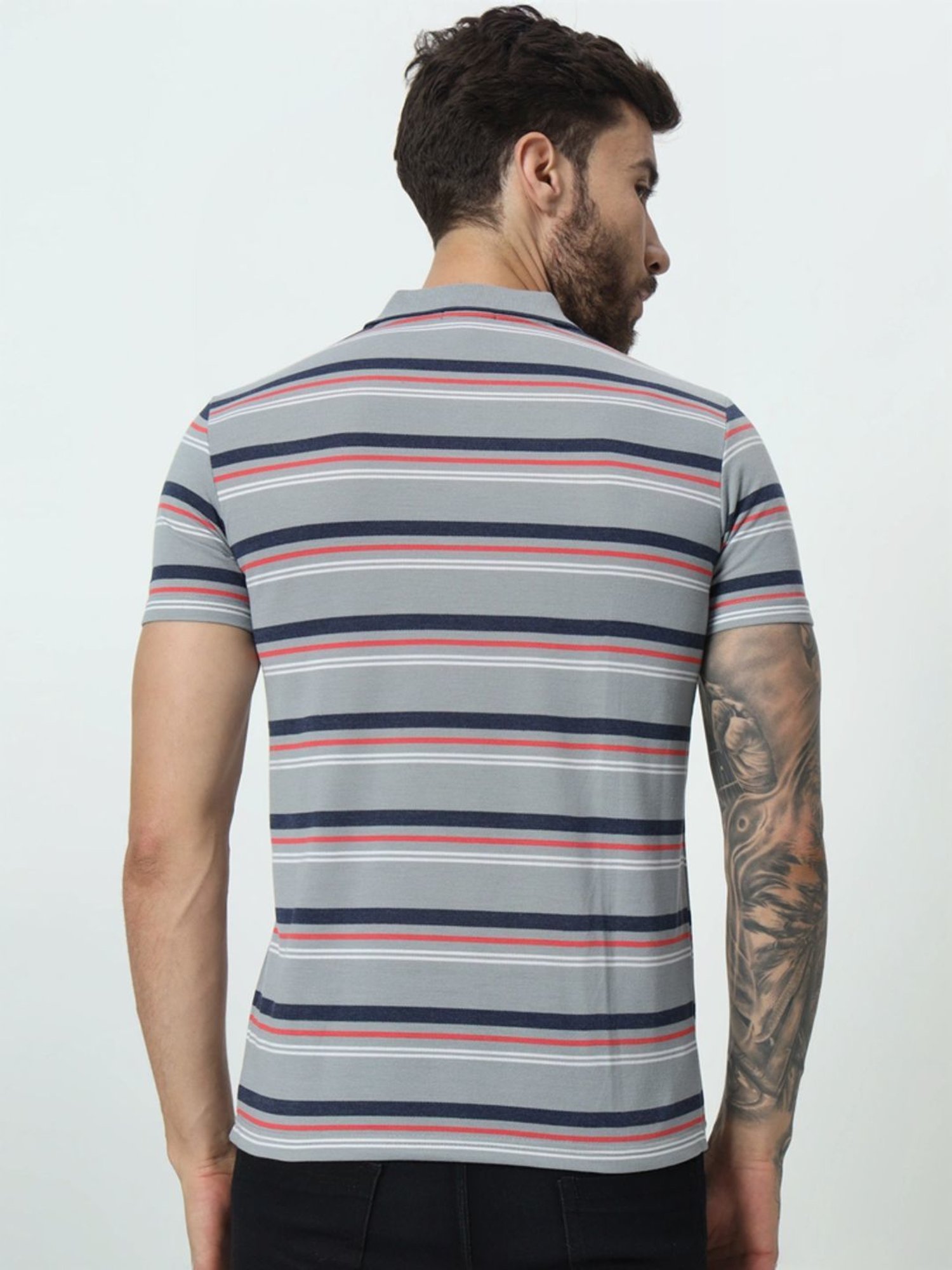 Tab91 Grey Regular Fit Striped Polo T-Shirts