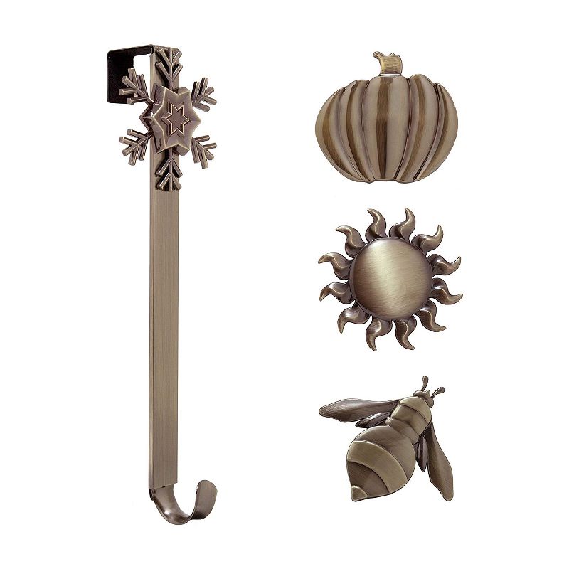Haute Decor Adjustable Length Assembly Free Holiday Wreath Metal Decorative Door Hanger with Sun, Snowflake, Bee, and Pumpkin, Bronze