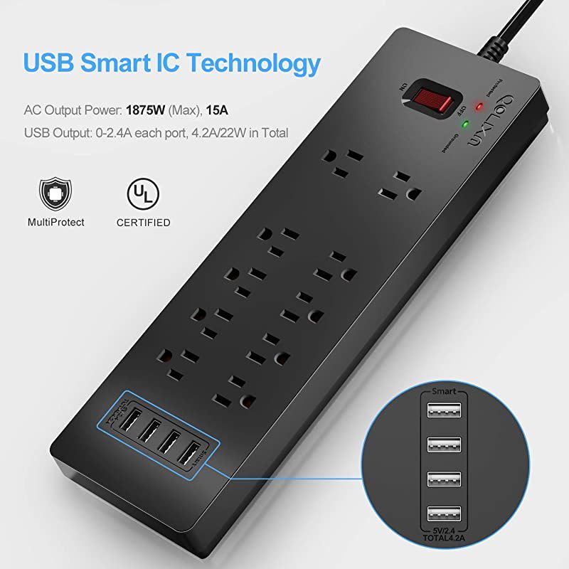 Power Strip,  Surge Protector with 10 AC Outlets & 4 USB Ports (5V/4.2A), 1875W/15A, 6 Feet Long Extension Cord(Black)