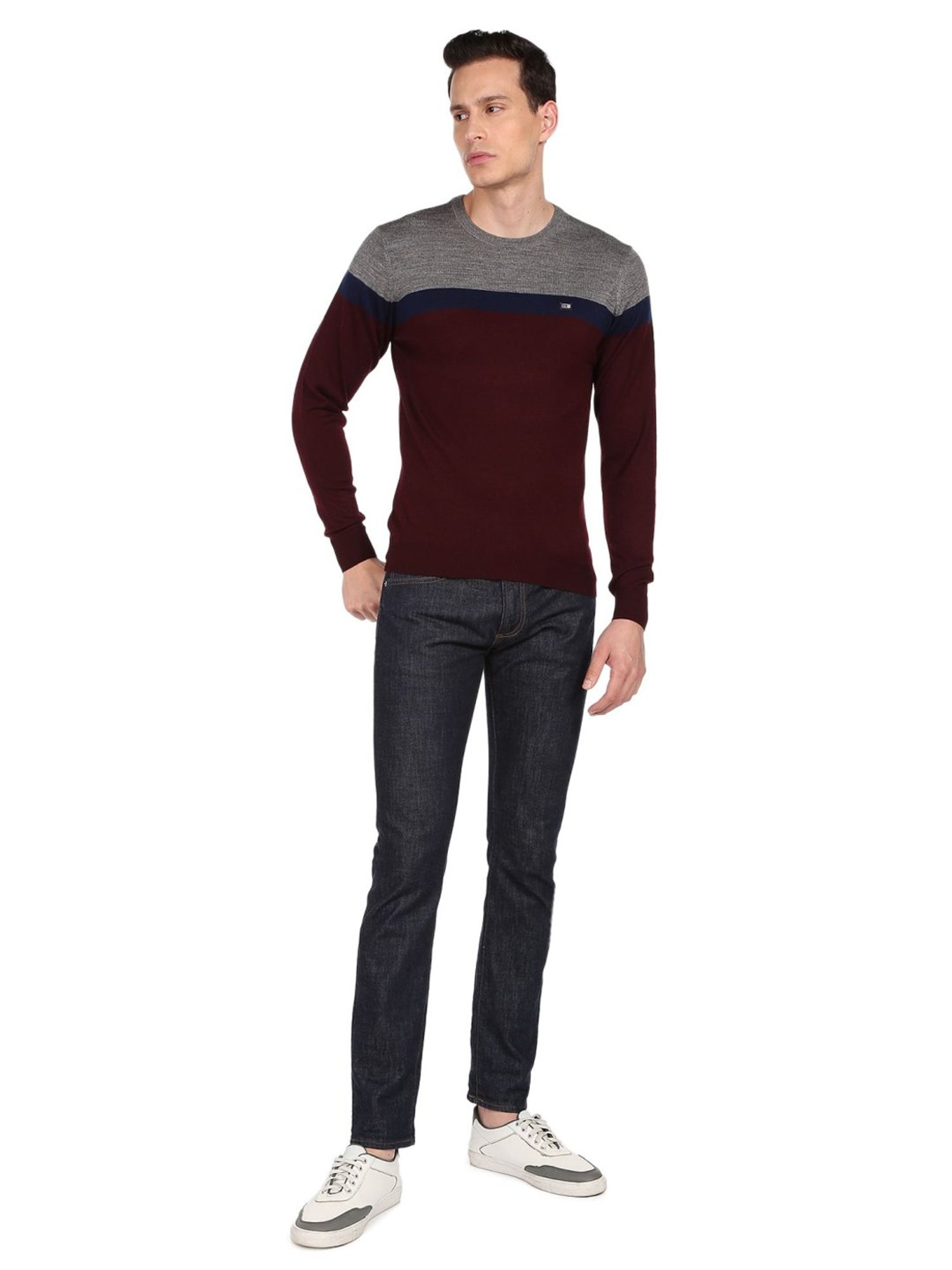 Arrow Sport Burgundy Cotton Regular Fit Colour Block Sweater