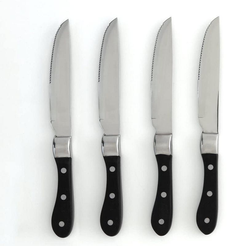 Knork 4 Piece Ergonomic Full Tang Metal Dining Silverware Flatware Serrated Steak Kitchen Dinner Knife Knives Set, Black/Silver