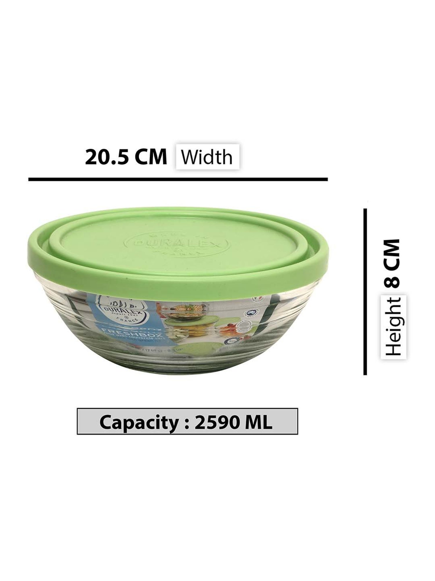 Duralex 'Freshbox' Transparent & Green Glass 20.5 cm Container With Lid (2.59 L) - Set of 2