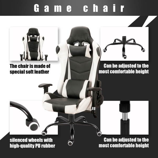 Gaming Chairs, Office Swivel Chairs, with Headrest and Lumbar Pillow, Black-White
