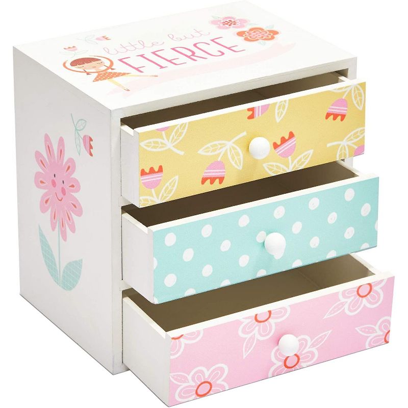 Blue Panda Colorful Wooden Jewelry Box for Kids, 3 Drawers, Little But Fierce (6.1 x 4.5 x 6.1 in)