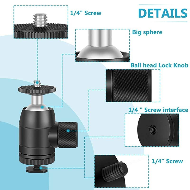 Mini Ball Head 14 inch Screw 360 Degree Rotatable Tripod Head with Lock and Hot Shoe Mount Adapter for LED LightRing Light Tripod Monopod Slider Camera Load Up to 66 pounds3 kilograms