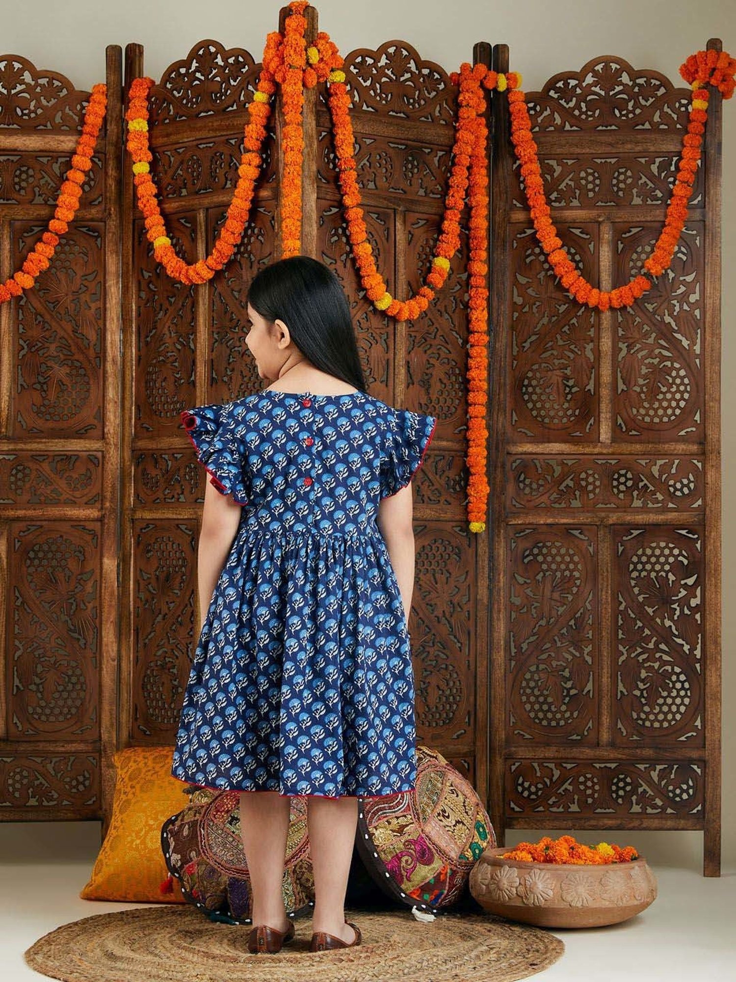 VASTRAMAY Girls Indigo Blue Cotton Floral Dresses