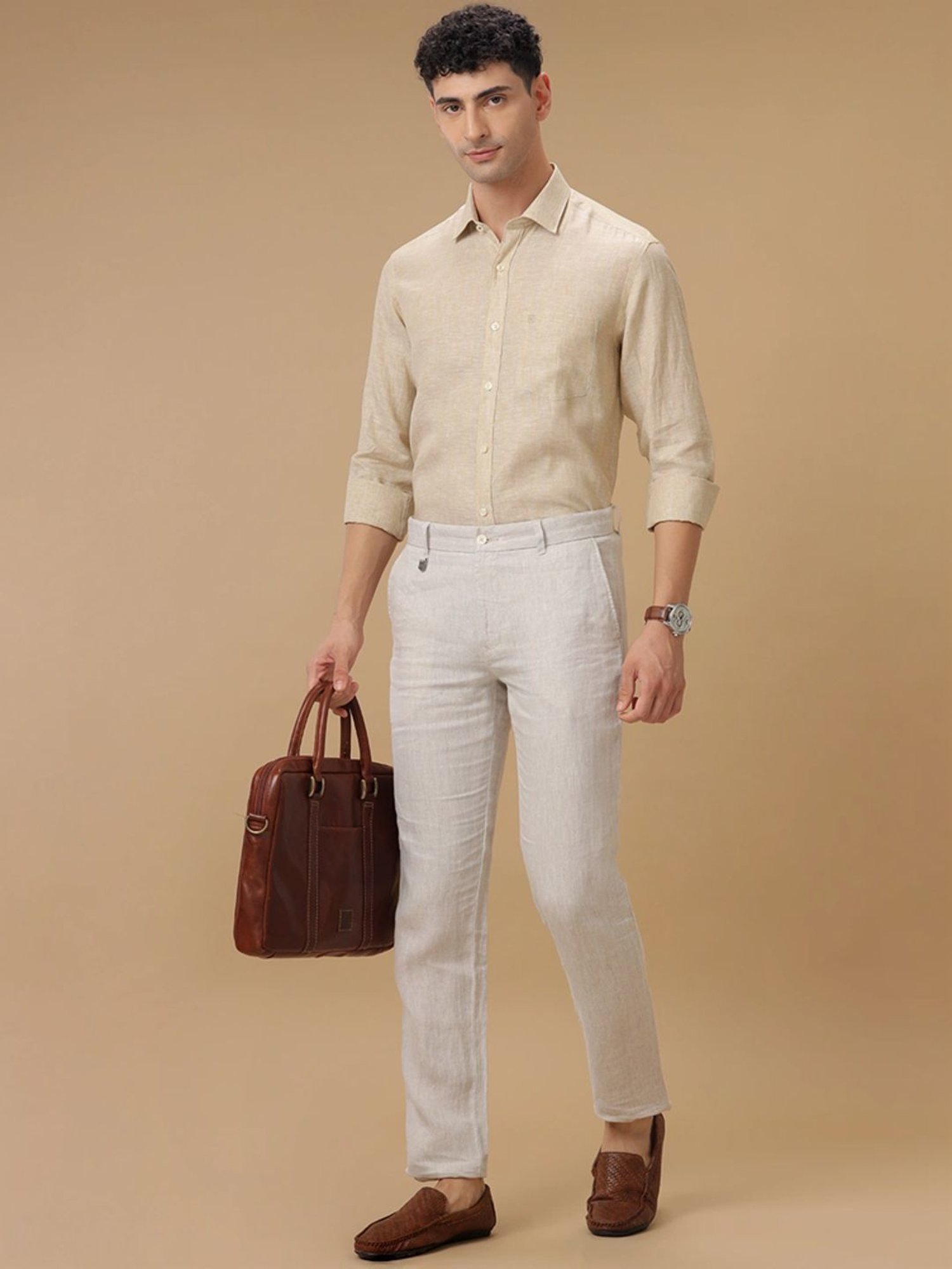 Linen Club Beige Linen Contemporary Fit Striped Shirt