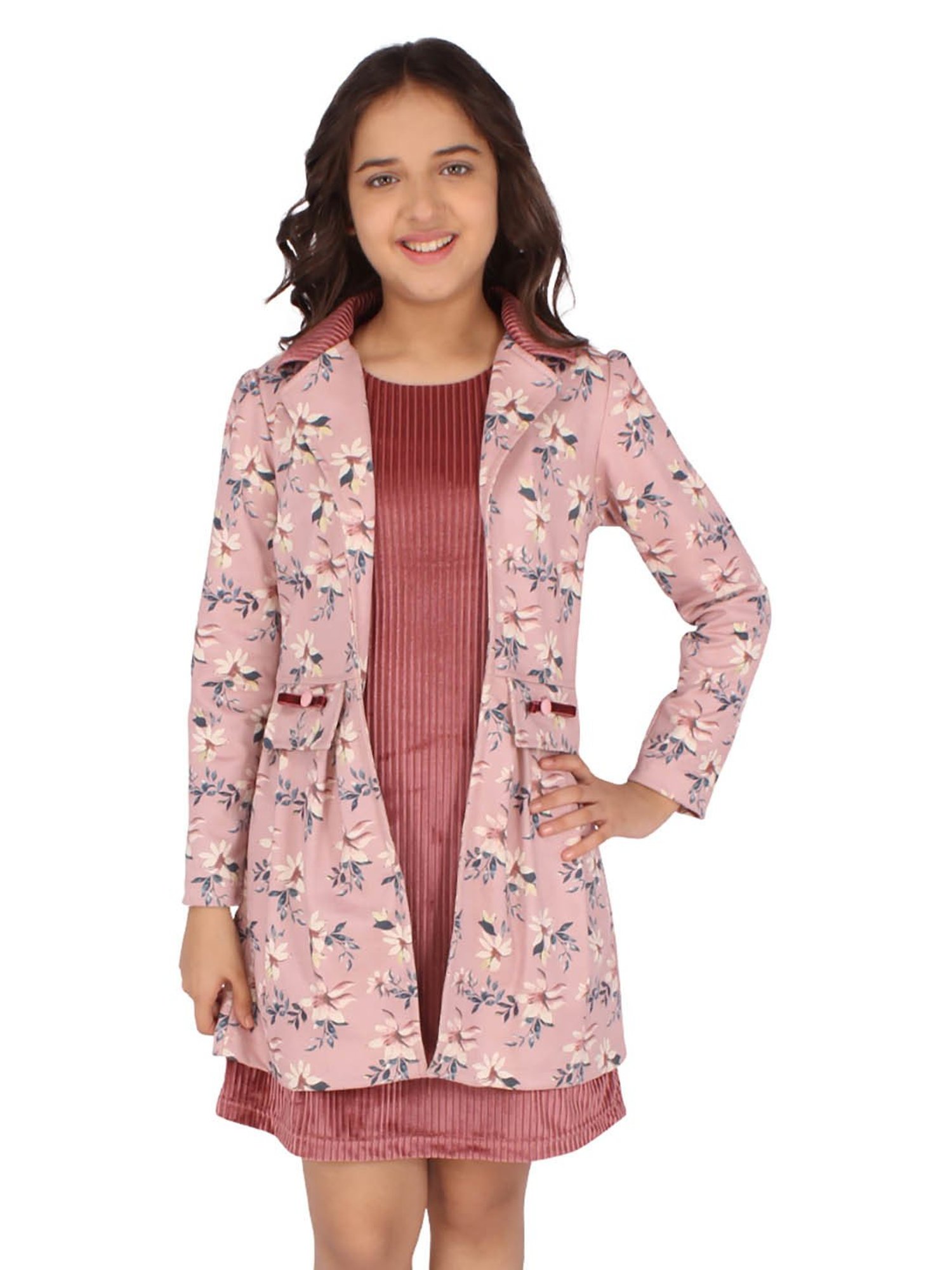 Cutecumber Kids Pink Floral Print Full Sleeves Shift Dress with Jacket