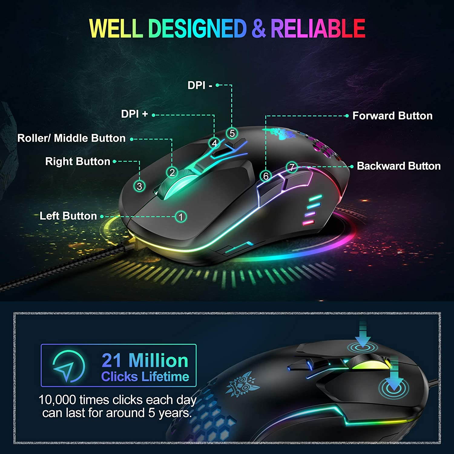 Gaming Mouse Wired, RGB Backlit 6400 DPI Adjustable gaming mouses, Grip Ergonomic Optical PC Computer Gaming Mice ,7 Buttons for Windows 7/8/10/XP Vista Linux (Black)