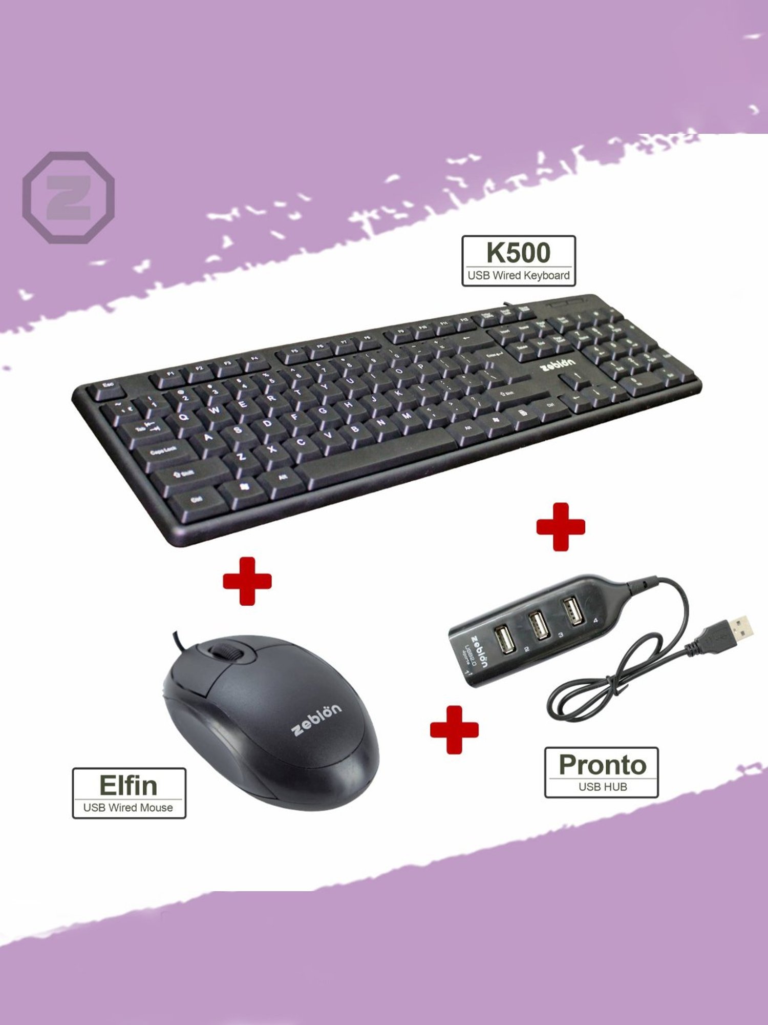 Zebion K500 Keyboard and Elfin Mouse Combo Set with Pronto 101 USB HUB (Black)