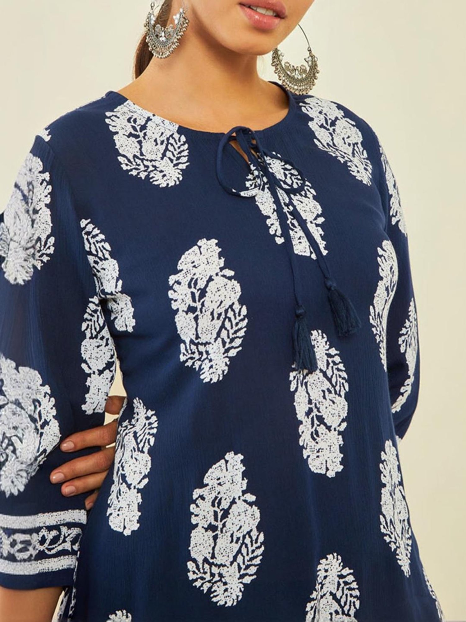 Soch Navy Blue Crepe Floral Print Round-Neck Tunic with Vented Hemline