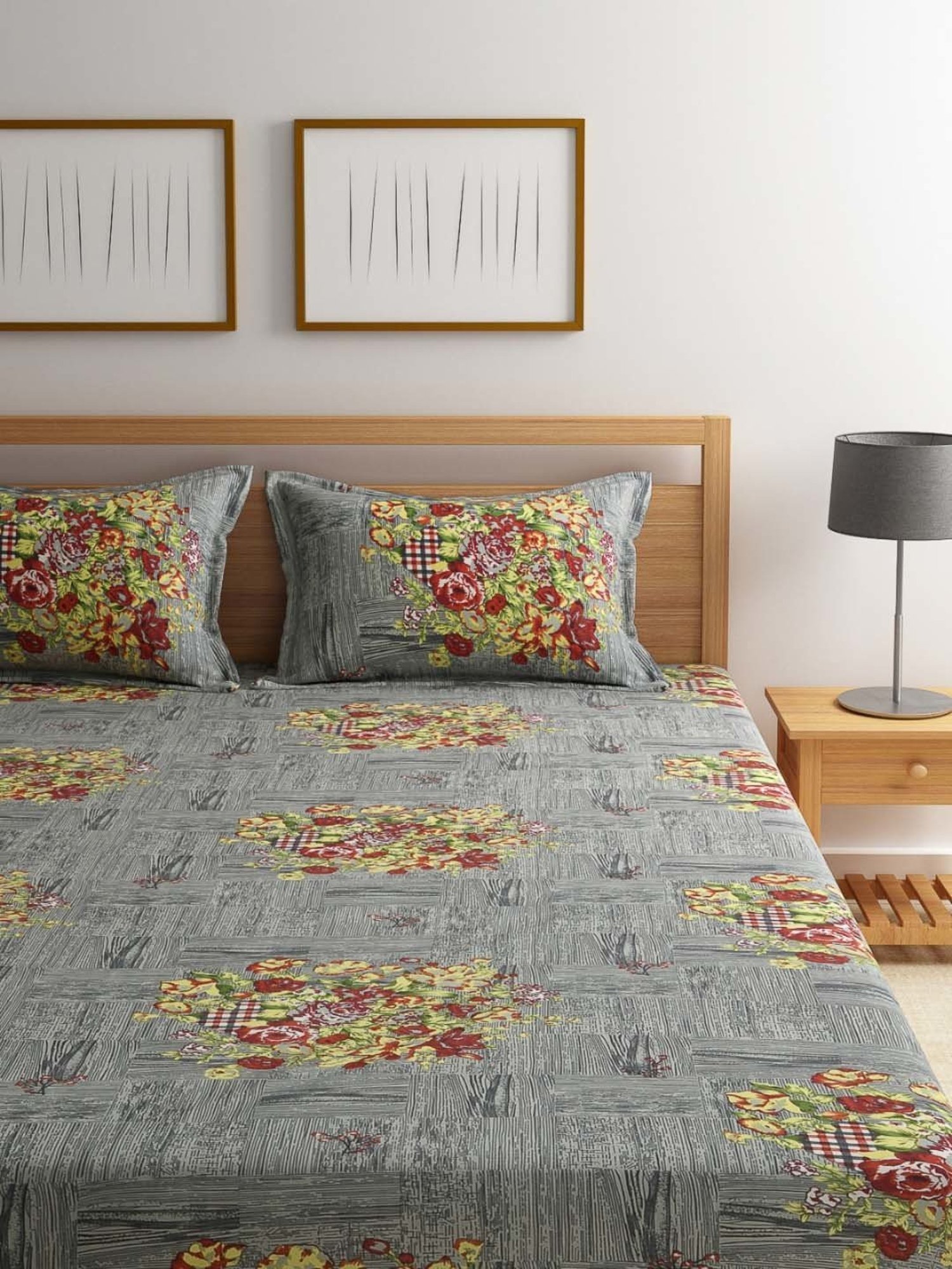 Romee Grey & Blue Cotton 144 TC Bed Sheet Set