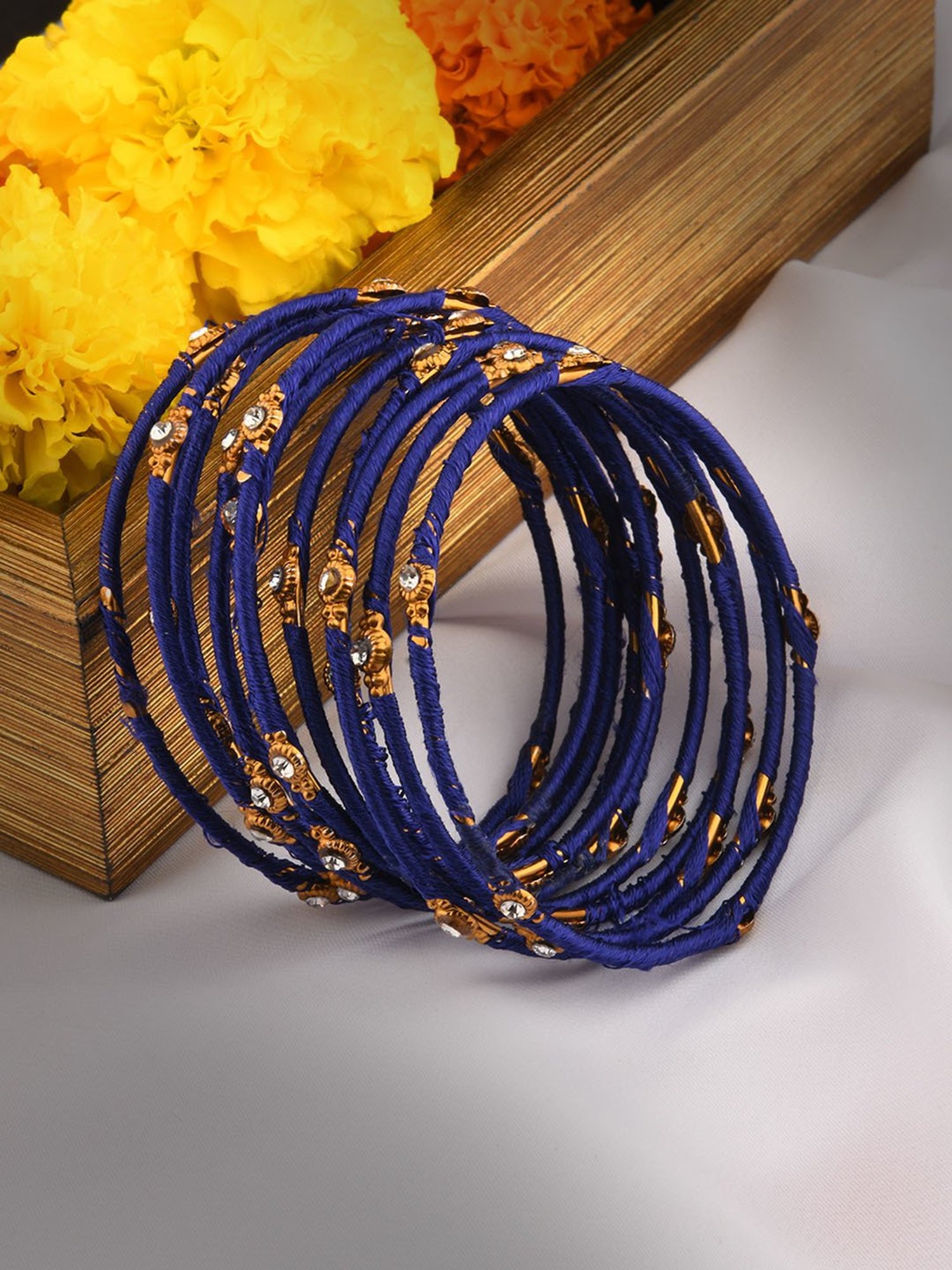 Fida Navy Blue Stones Gold-Plated Silk Thread Bangles for Women - Set of 12