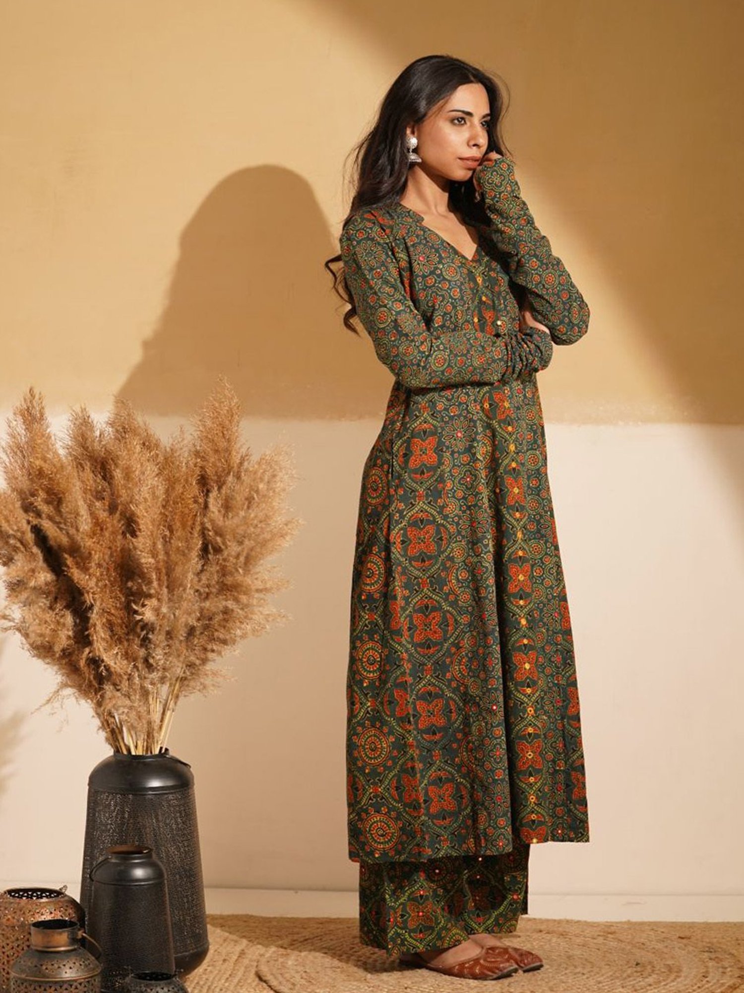 Love Chic Green Ajrakh Cotton Kalidaar Flare Kurta