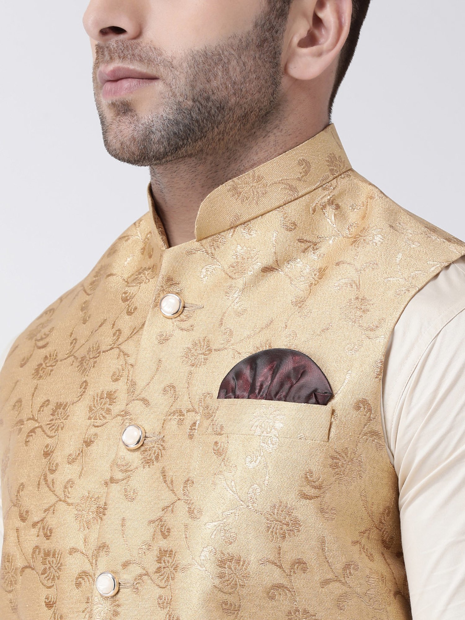 Hangup Plus Fawn Regular Fit Jacquard Nehru Jacket
